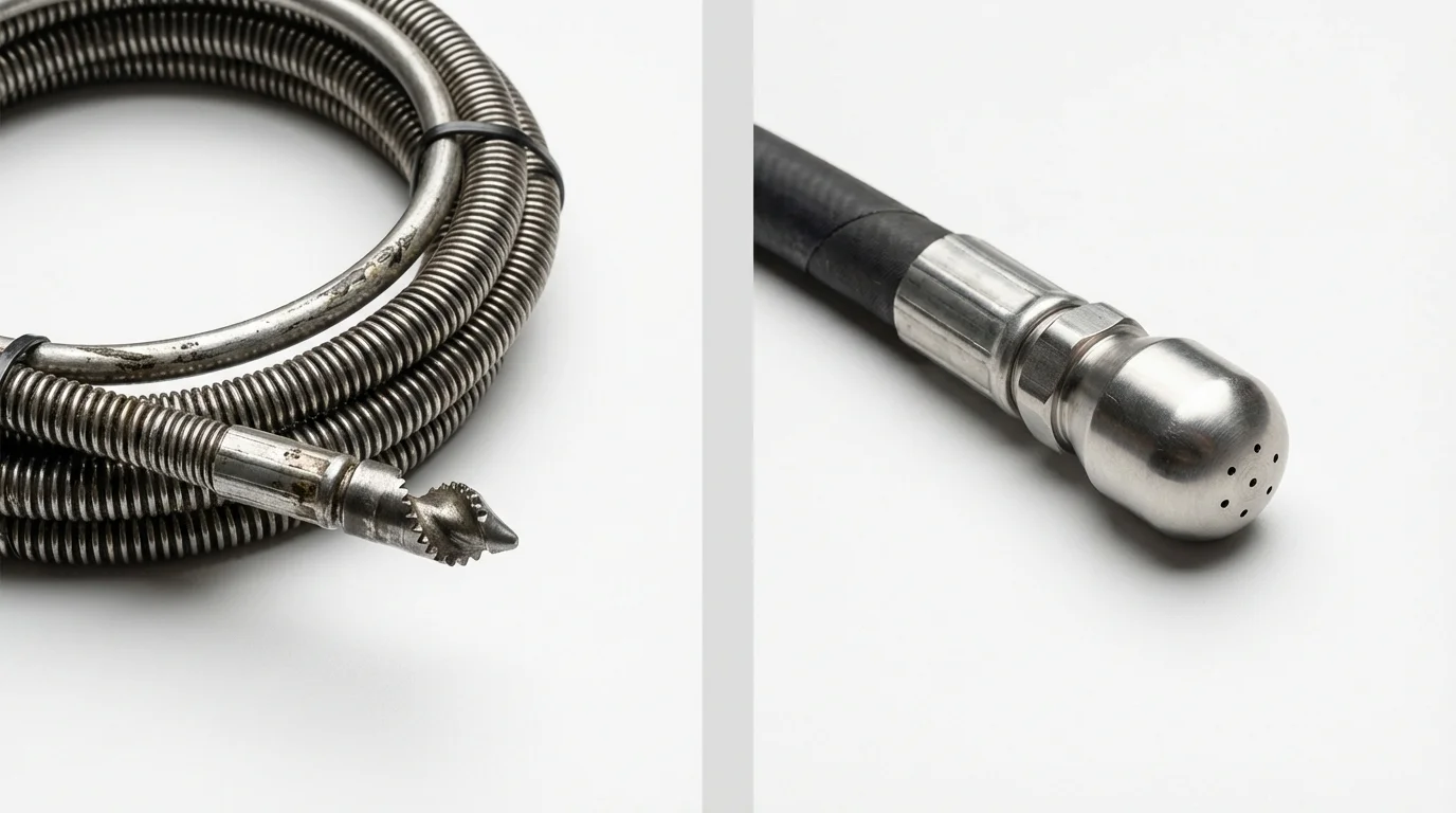 Drain snake cable and hydro jetting nozzle used for drain cleaning in Williston, ND
