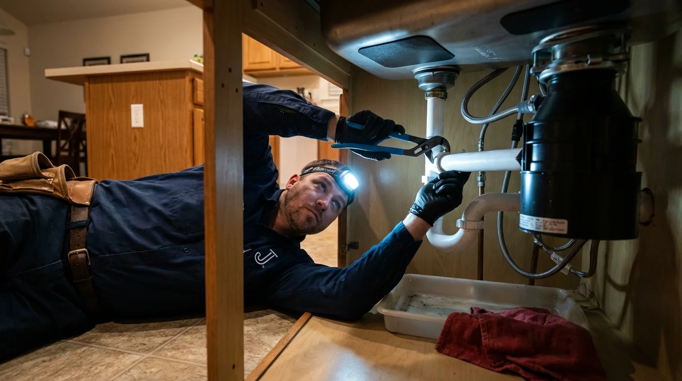 P-trap and supply line connections under a kitchen sink showing a common leak point in Williston, ND